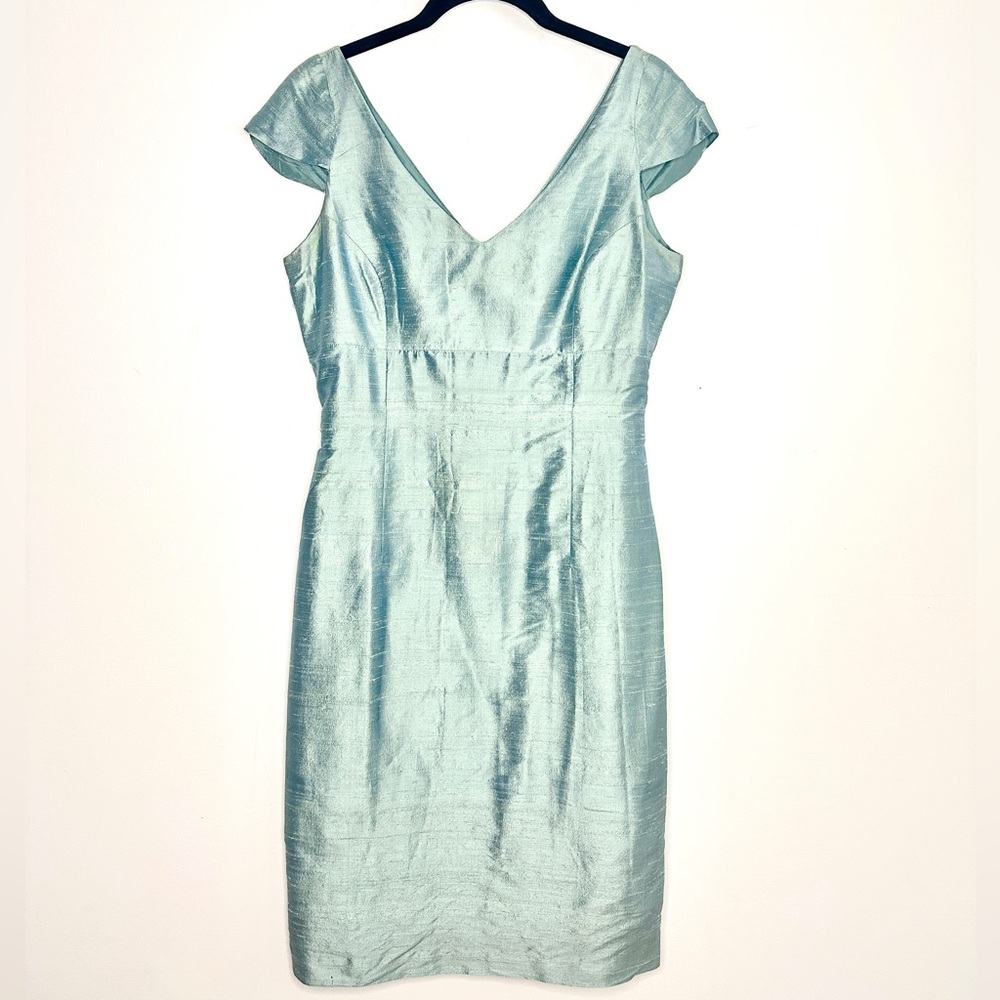 Kimera Classic V-neck Cap-Sleeve Silk Shantung Sheath Dress Sz Med Periwinkle